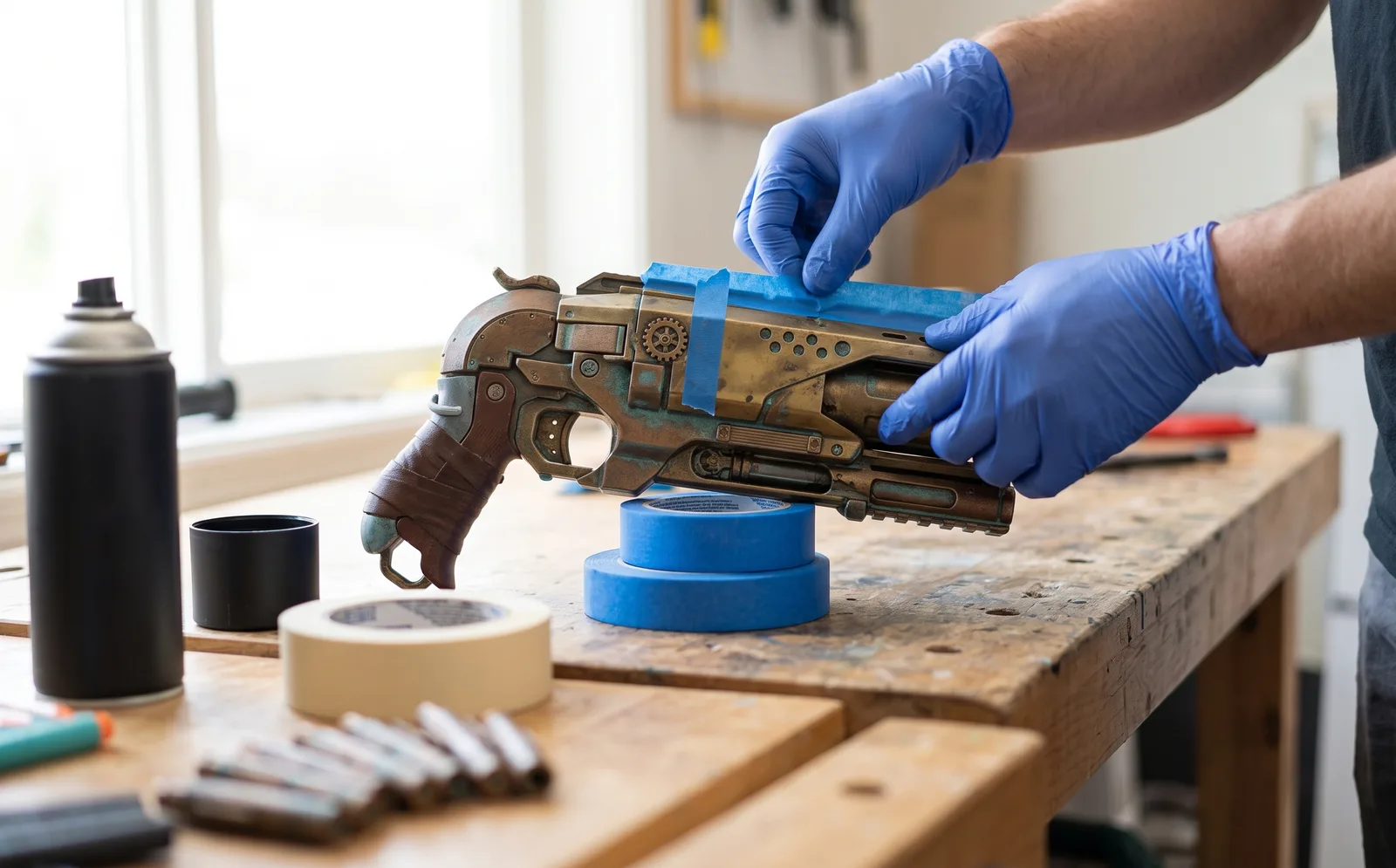 A Nerf blaster shell part way through a paint job on a workbench