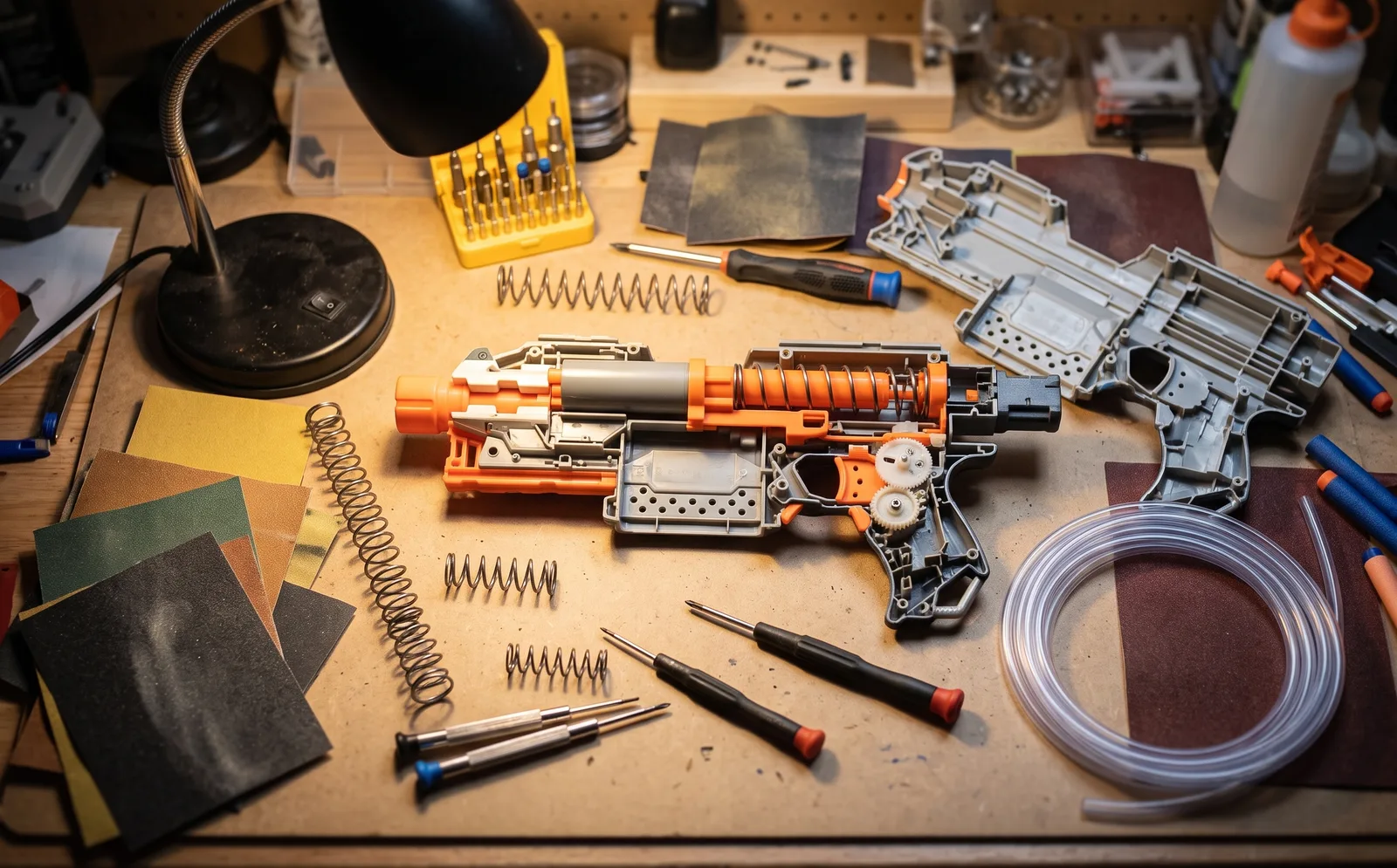 A workbench with a disassembled Nerf blaster, its spring and a precision screwdriver set
