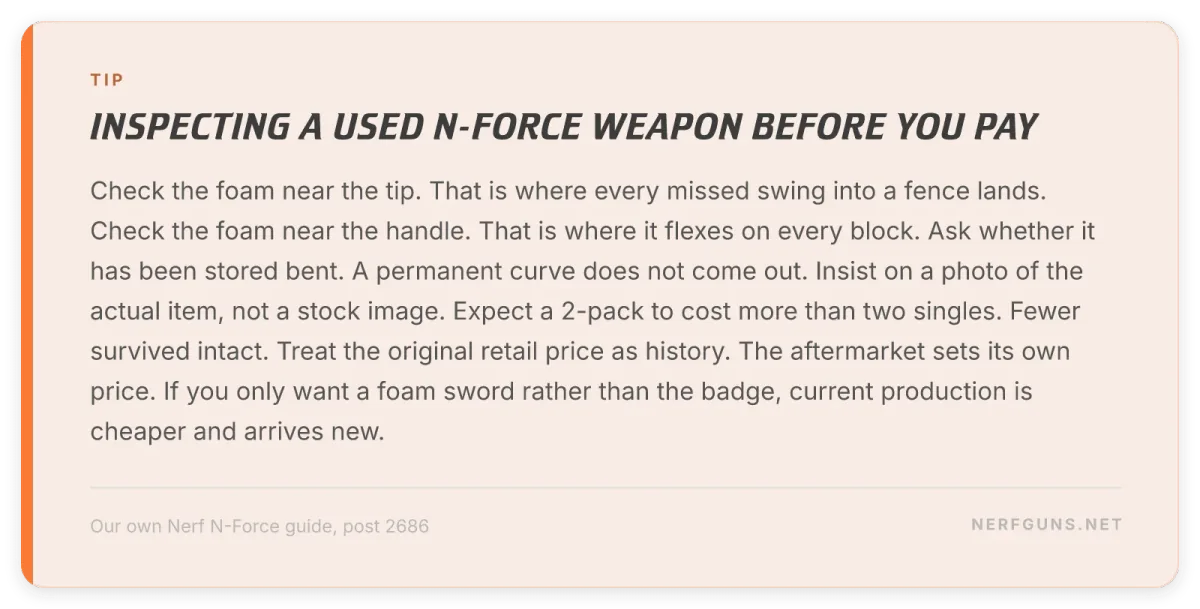 Checklist card: buying used Nerf N-Force weapons, check foam near the tip and handle, ask about storage