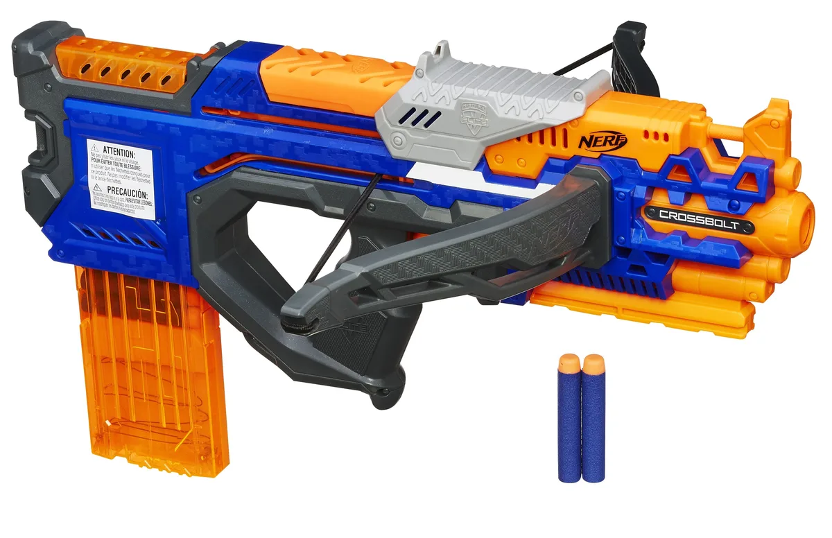 Nerf N-Strike Elite CrossBolt crossbow-style blaster with its 12-dart clip fitted