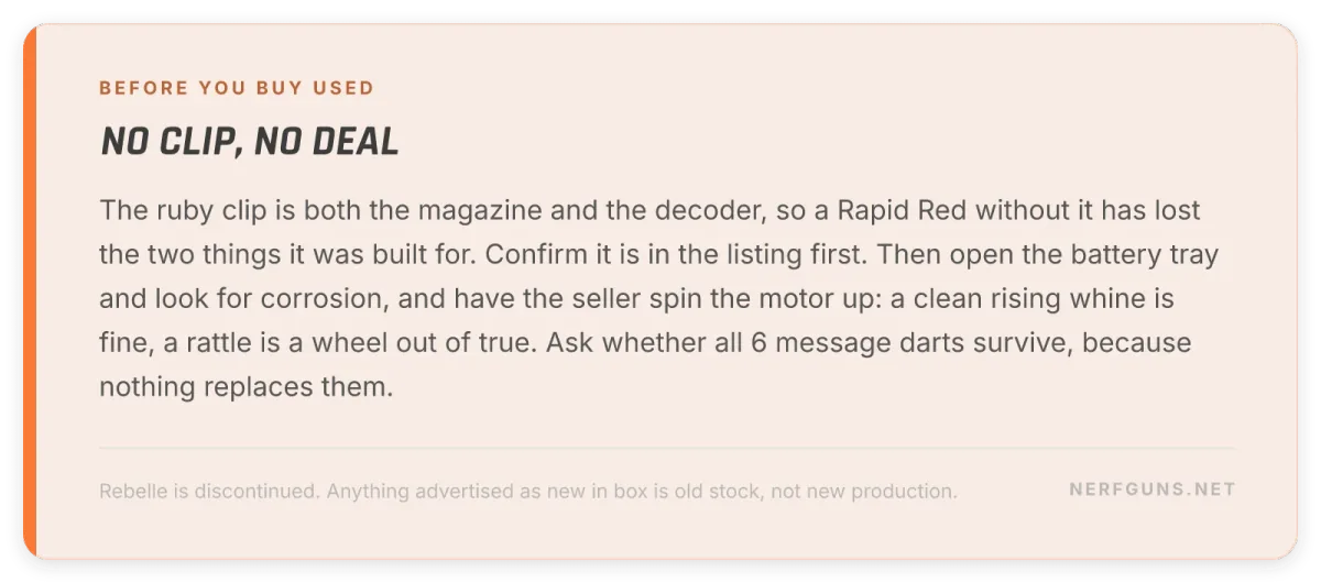 Tip card: buying a Rapid Red used, confirm the ruby clip, check the battery tray, spin the motor