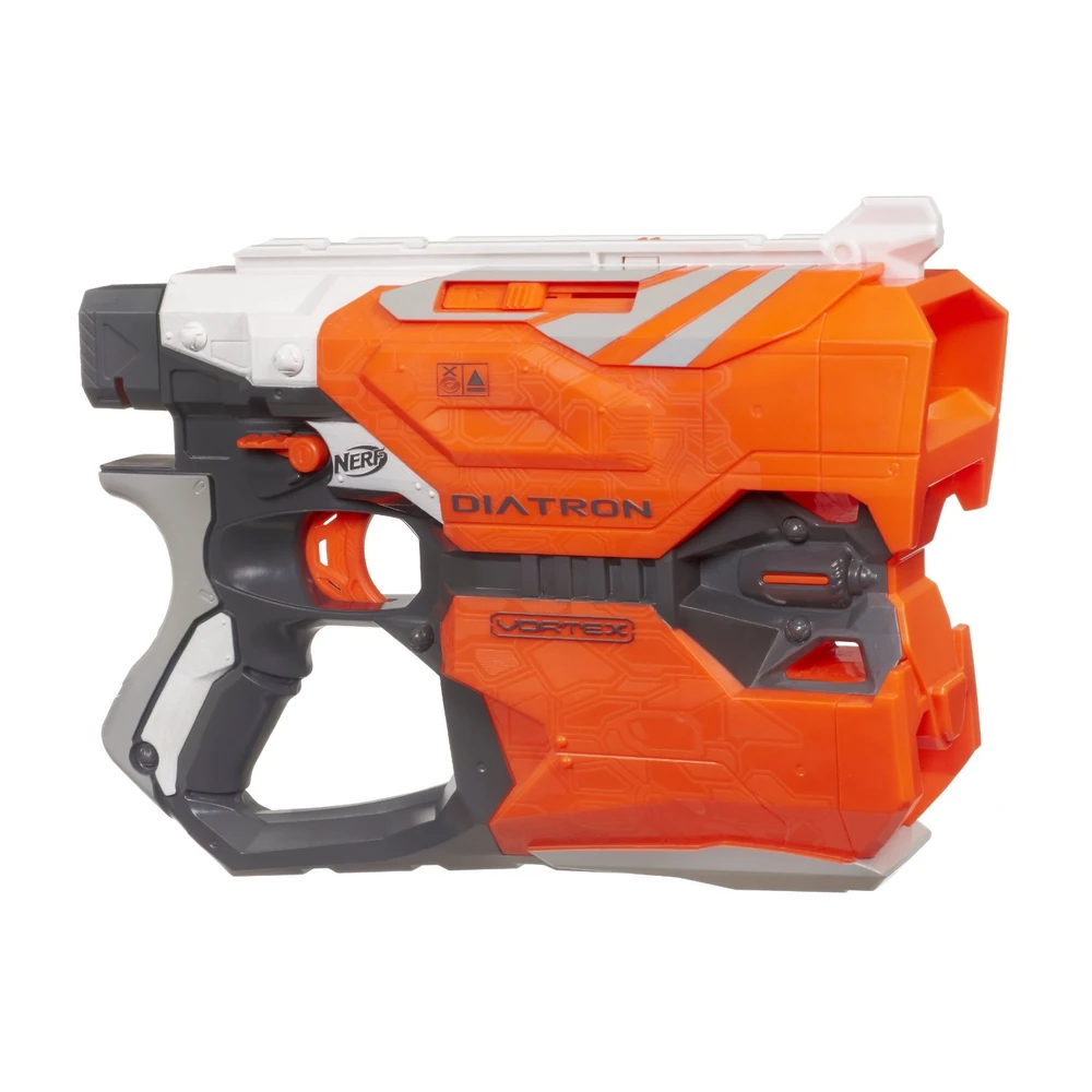 Nerf Vortex Diatron, the twin disc blaster with its loading lever