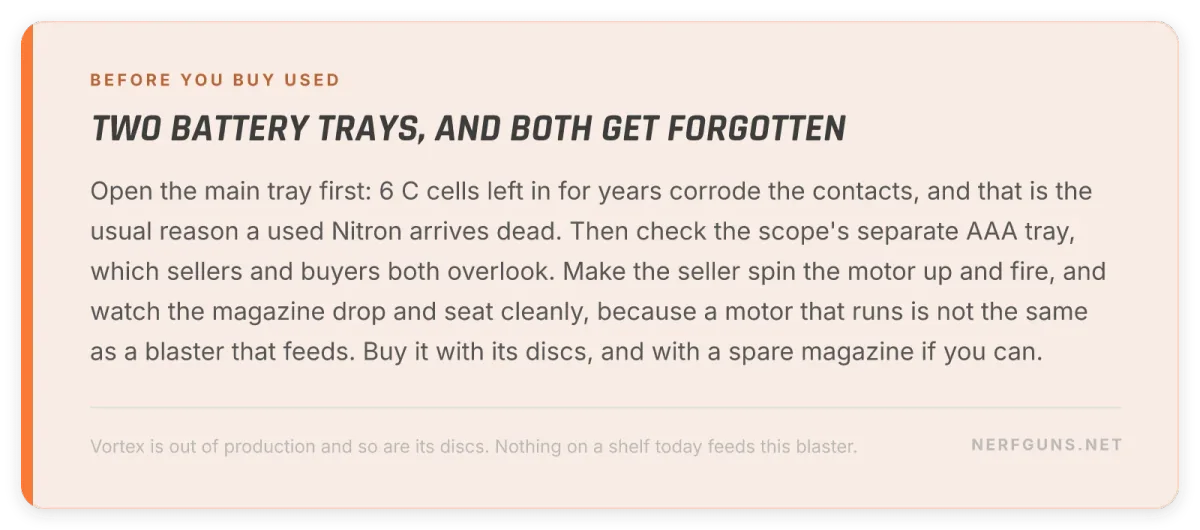 Tip card: buying a Nitron used, check both battery trays, watch the magazine drop and seat