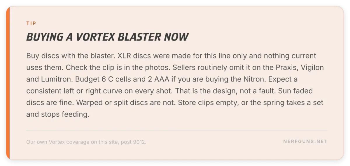 Checklist card: buying a Vortex blaster now, buy discs with the blaster, check the clip is included
