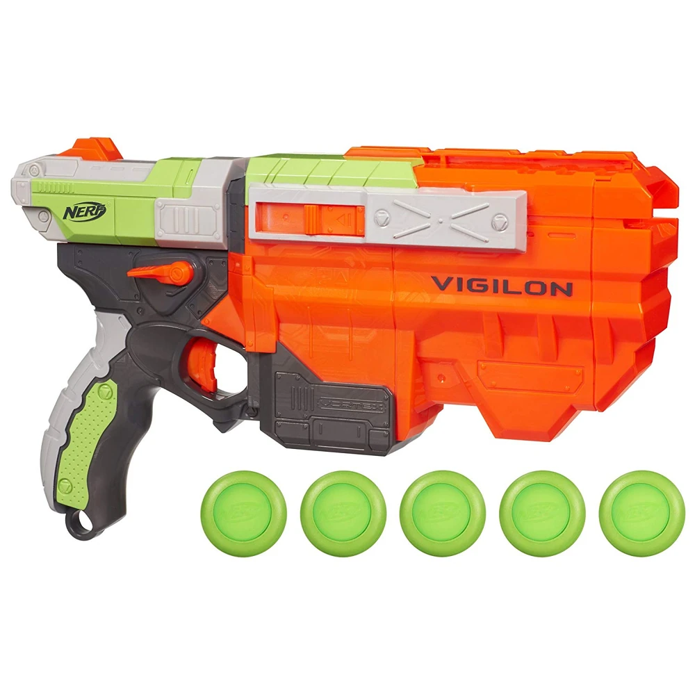 Nerf Vortex Vigilon with its five disc drop-down clip