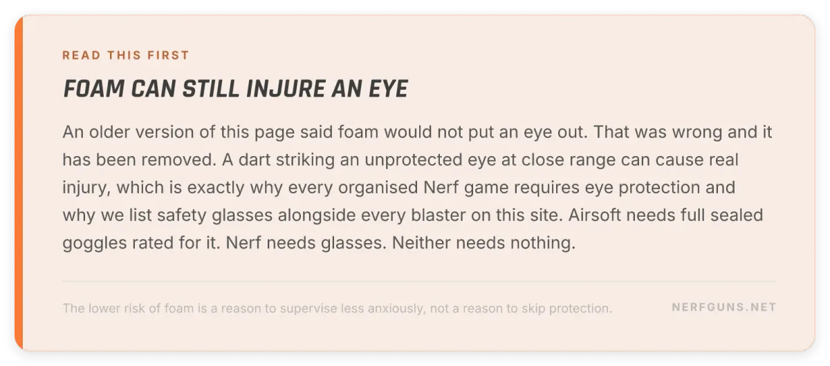 Tip card: eye protection is required for Nerf and for airsoft, a foam dart can injure an eye at close range