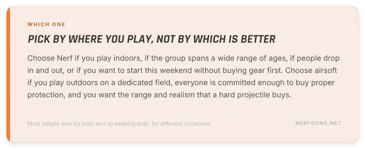 Tip card: choose Nerf for indoor play, mixed ages and low cost, choose airsoft for range and realism outdoors
