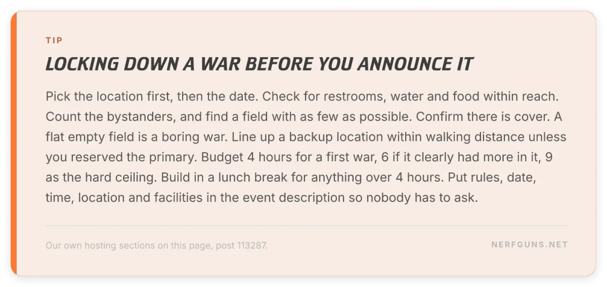 Checklist card: hosting a Nerf war, pick location first, confirm cover, budget four to nine hours