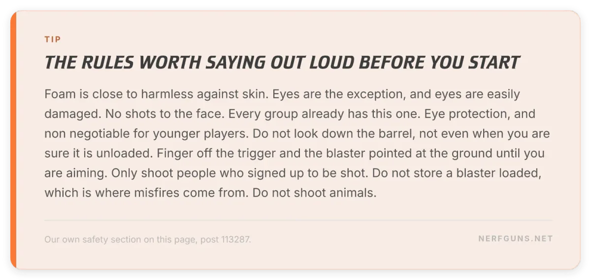 Rules card: Nerf war safety, no face shots, eye protection required, finger off the trigger until aiming