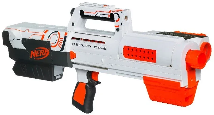 Nerf Whiteout Deploy CS-6 opened out into blaster form, white shell with orange grip and jam door