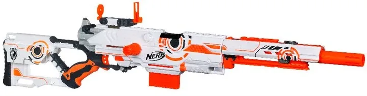 Nerf Whiteout Longstrike CS-6 in white with orange accents, full side profile with the barrel extension fitted