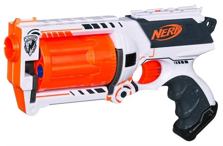Nerf Whiteout Maverick REV-6 in white with an orange six-dart drum and grey grip