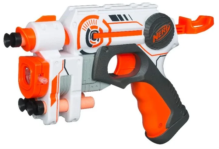 Nerf Whiteout Nite Finder EX-3 single-shot pistol in white, with its light housing and two spare dart posts