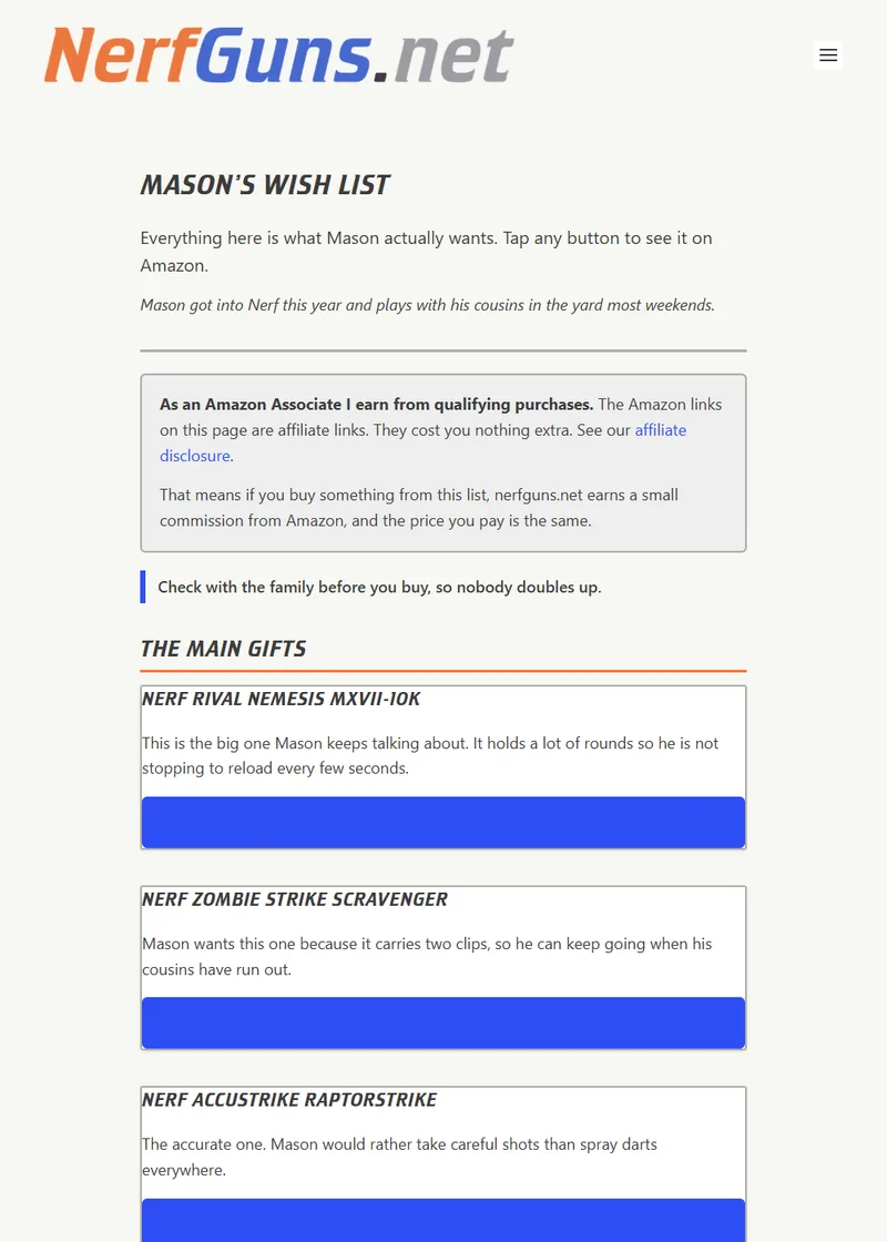 An example Nerf wish list page showing the blasters, the darts that fit them and the eye protection, each with one buy button