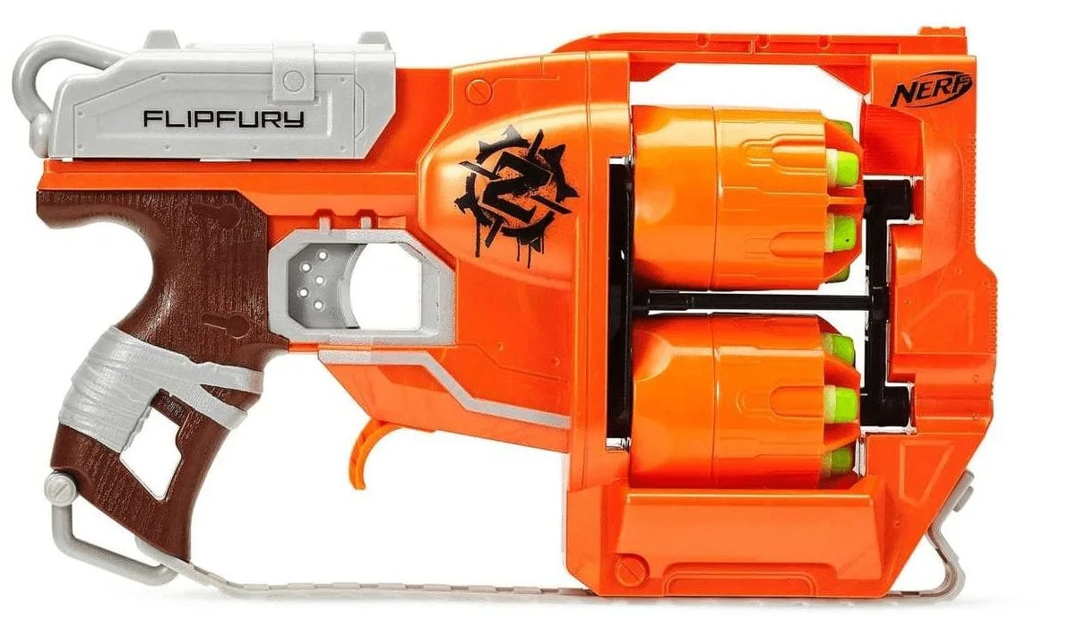 Nerf Zombie Strike FlipFury blaster with its two flip-between six-dart barrels