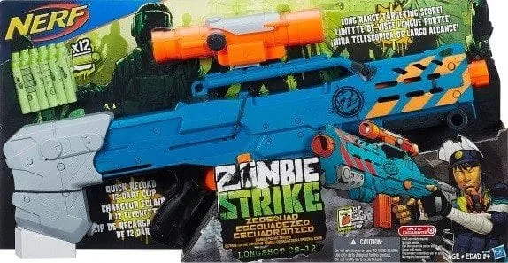 Nerf Zombie Strike ZED Squad Longshot CS-12 package with its long-range scope