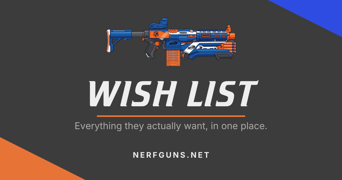 A Nerf wish list page on nerfguns.net, one shareable link carrying the blasters, darts and batteries a family needs