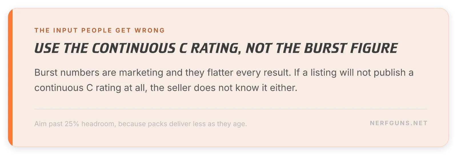 LiPo tip card: use the continuous C rating from the label, never the burst number