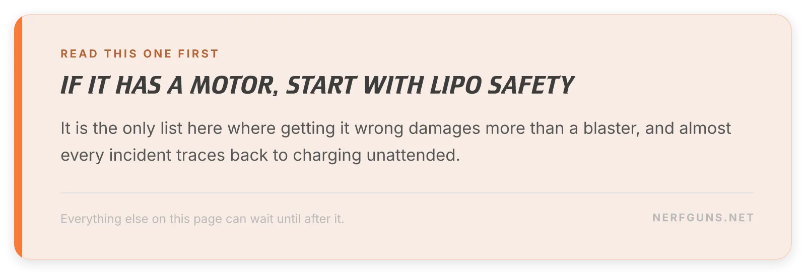 Tip card: read the LiPo safety checklist first if anything you own has a motor and a pack