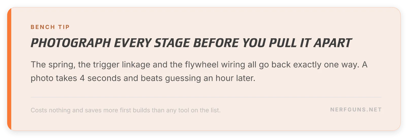 Field tip card: photograph every stage of a teardown before pulling the blaster apart