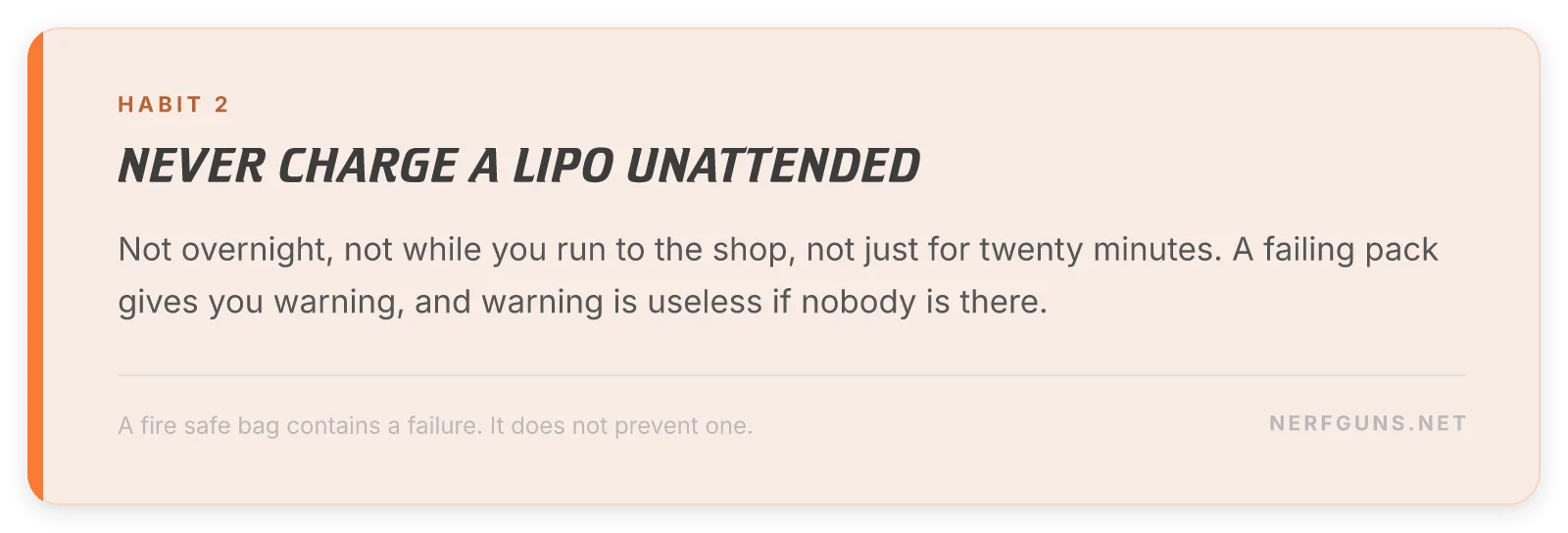 LiPo battery safety tip card: never charge a pack unattended, not overnight and not for twenty minutes