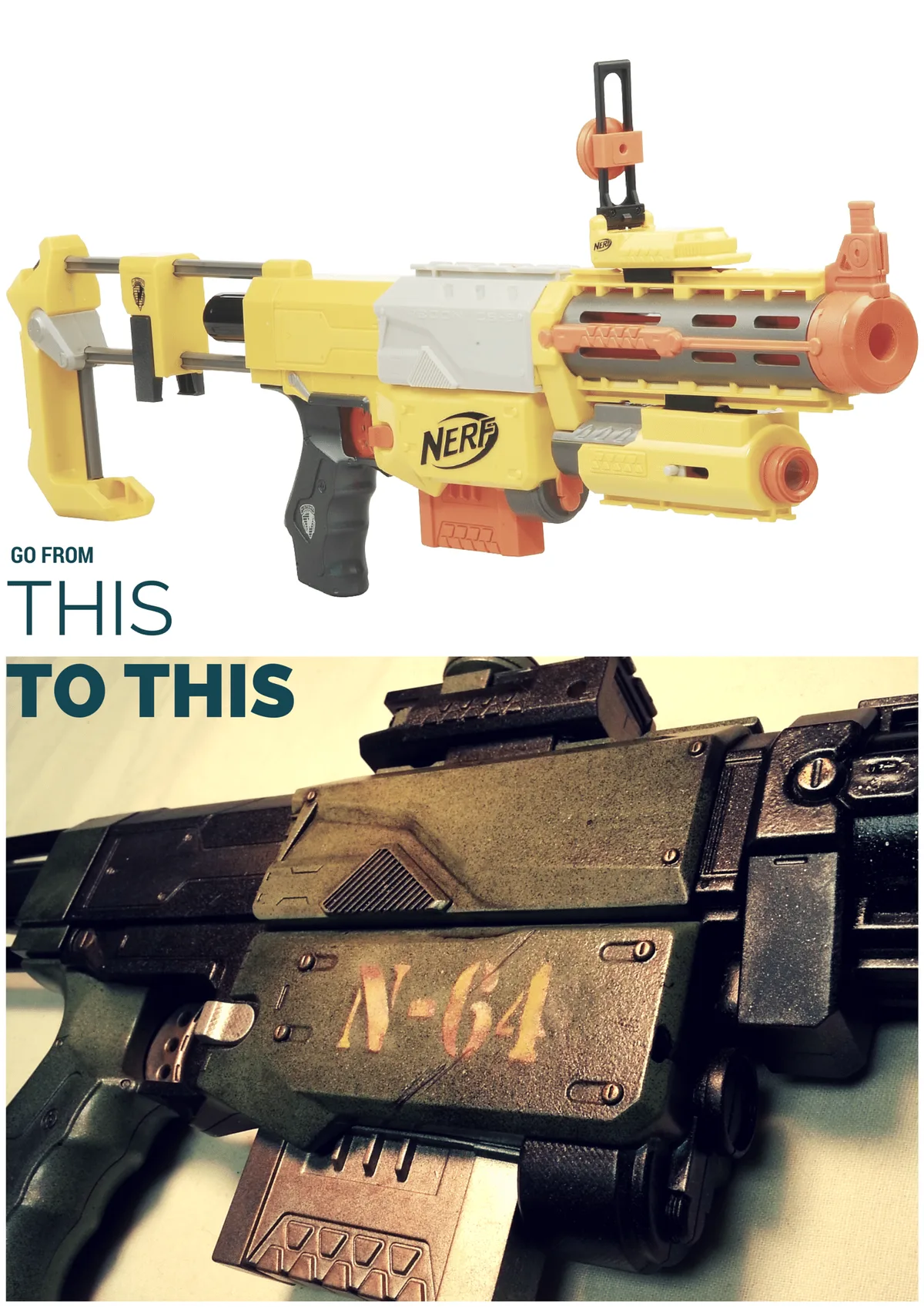 Finished result when you paint your Nerf gun: metallic base, green accents, ground-in battle damage