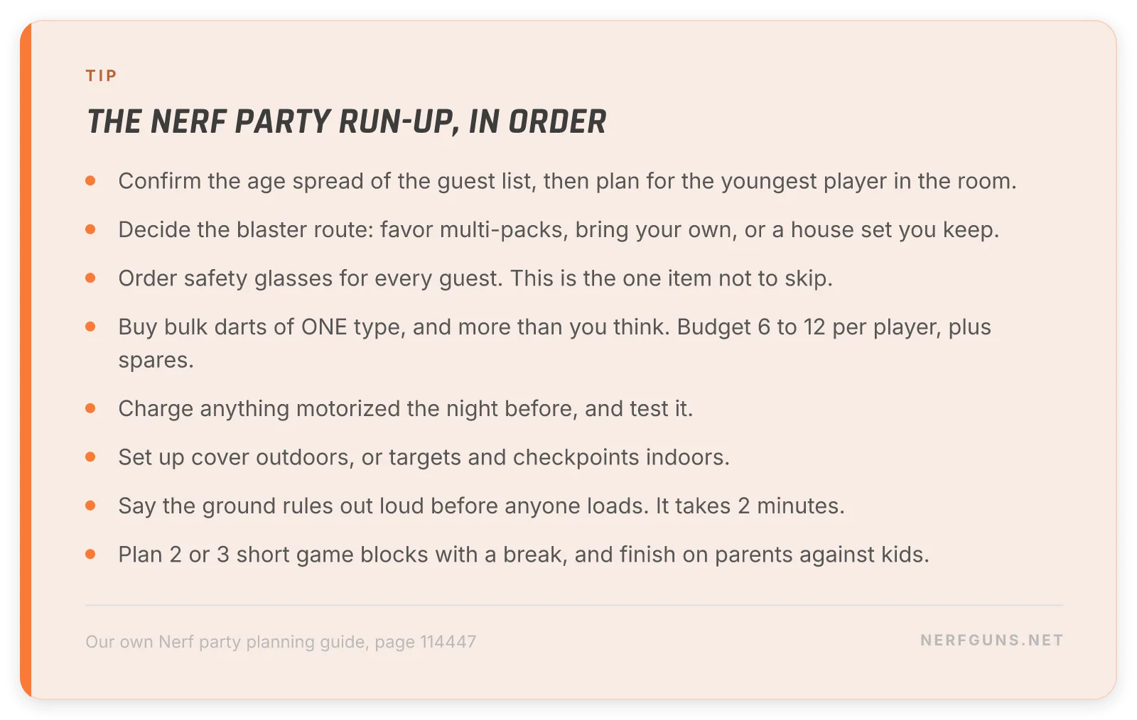 Checklist card: the Nerf party run-up, from confirming ages to finishing on parents against kids