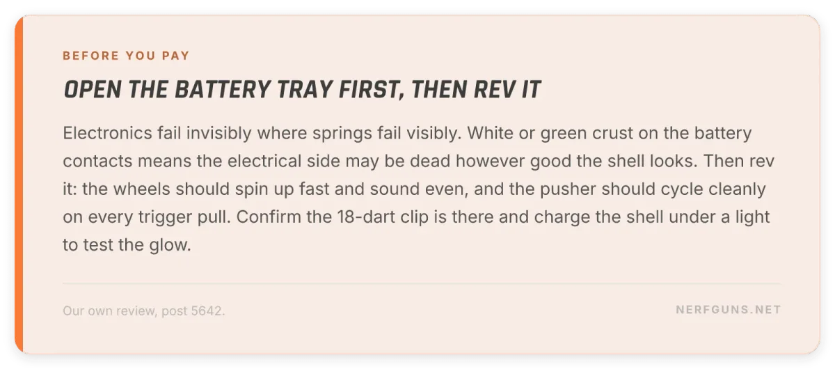 Tip card: buying a used Rayven, check the battery contacts for corrosion first, then rev the flywheels
