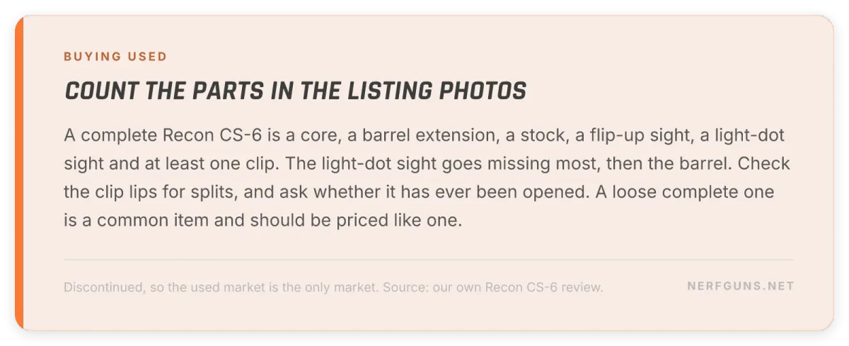 Tip card: count the parts when buying a used Recon CS-6, sight and barrel go missing most