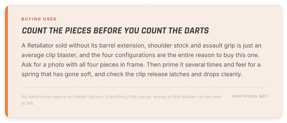 Tip card: buying a used Retaliator, count all four pieces, barrel, stock and grip are what go missing