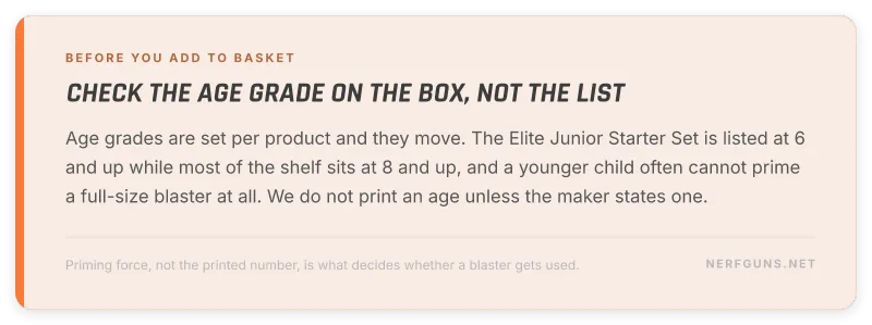 Tip card: check the age grade printed on the box because grades are set per product