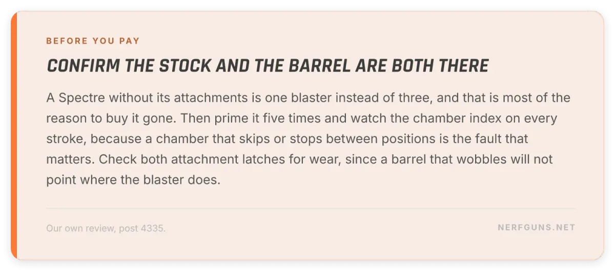 Tip card: buying a used Spectre, confirm stock and barrel are included and watch the chamber index five times