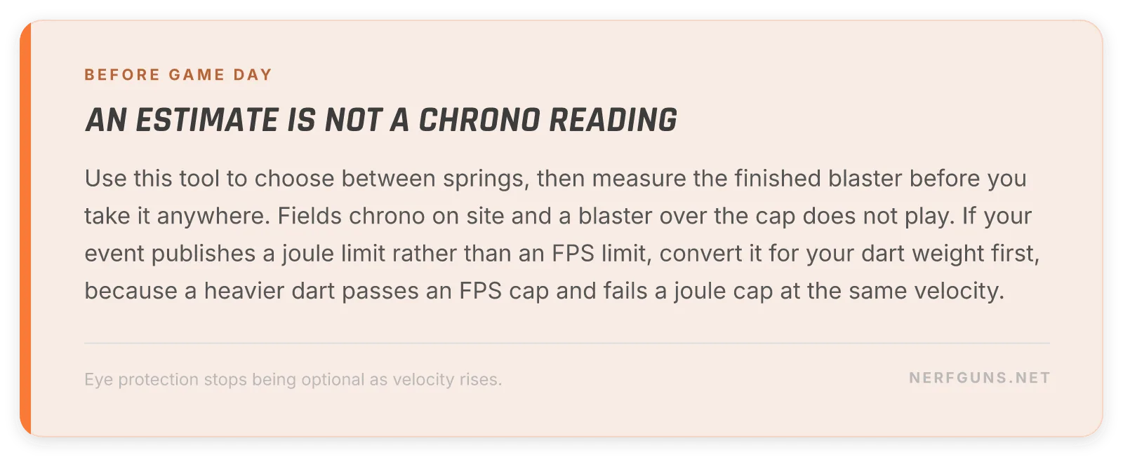 Spring FPS estimator reminder to chrono the finished blaster before game day