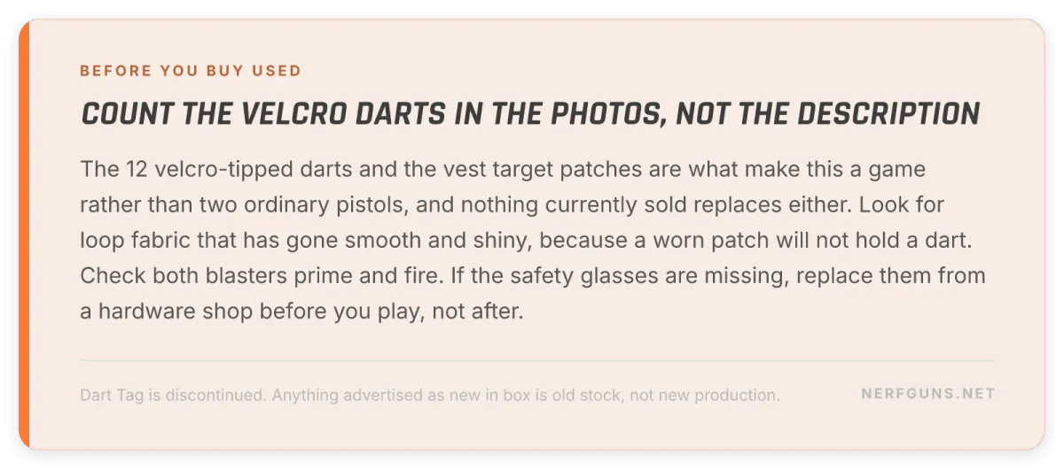 Tip card: buying a Strikefire used, count the velcro darts, check the vest patches for wear