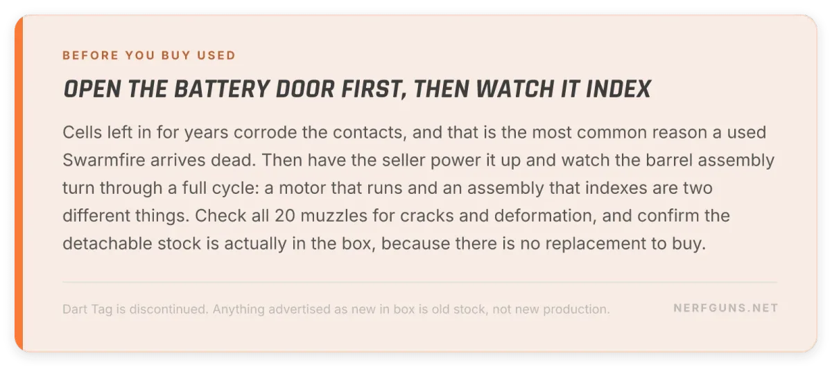 Tip card: buying a Swarmfire used, open the battery door, watch the barrel assembly index