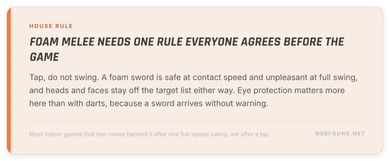 House rule card for foam melee: tap rather than swing, eye protection on